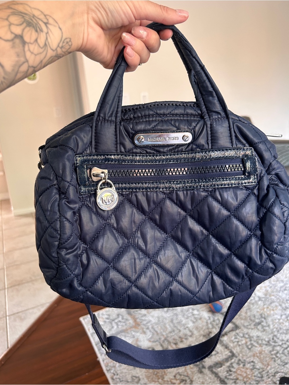 Michael Kors - Quilted Barrel Sadie Blue Nylon Handbag/Mini Duffle Crossbody